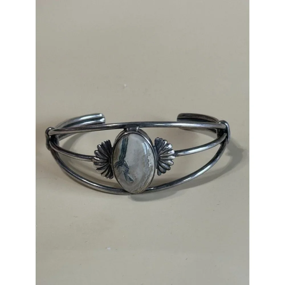 Vintage GFMW Sterling Silver Green Lace Jasper Cuff Bracelet 6 1/4' - Picture 3 of 11